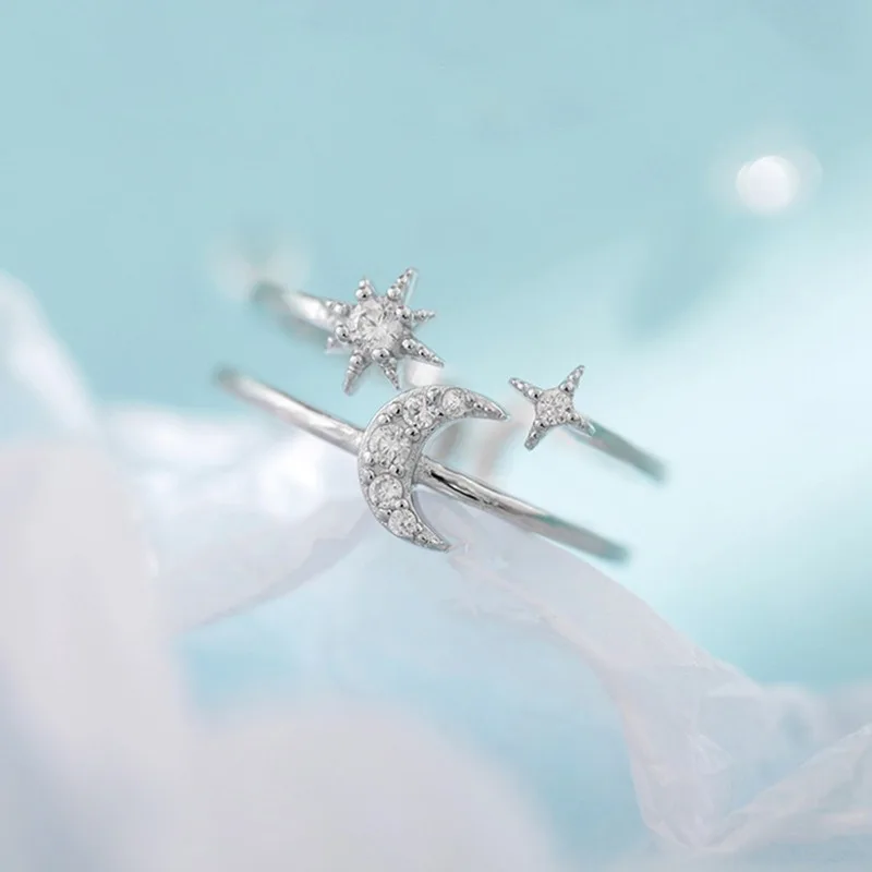 

Female 925 Sterling Silver Ring Woman Opening Ring Designer Fashionable Rings For Women Personalized Star Moon Ring Jewelry Gift