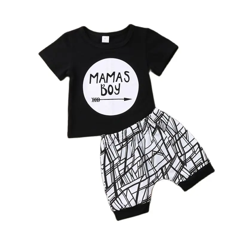 0-24M New Born Baby Clothes 2pcs Set Black Letter Print Tshirt For Boys White Stripe Pants Legging Newborn |