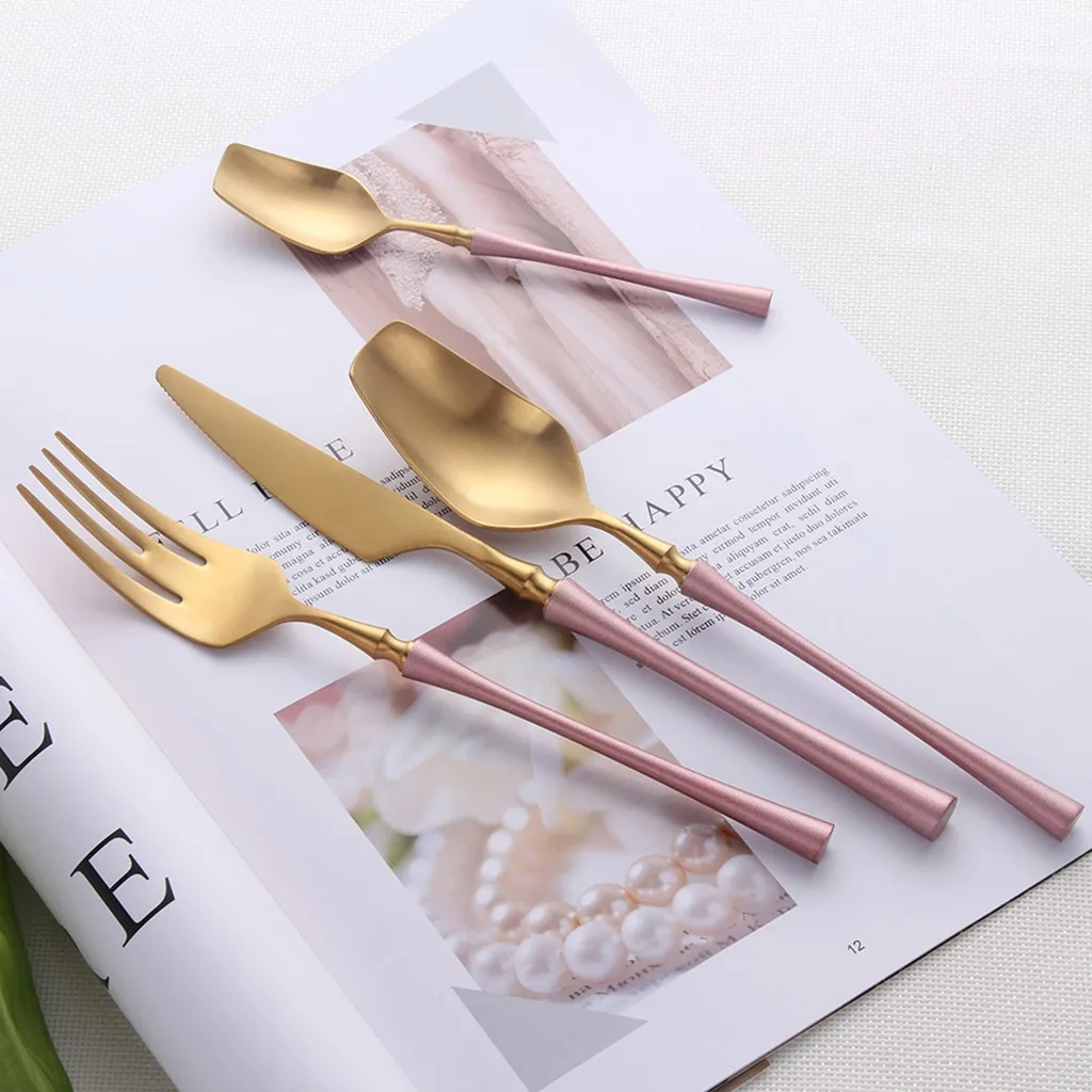 

Hot-selling matte workmanship waist series gold-plated 304 eco-friendly table knife fork spoon stainless steel cutlery set