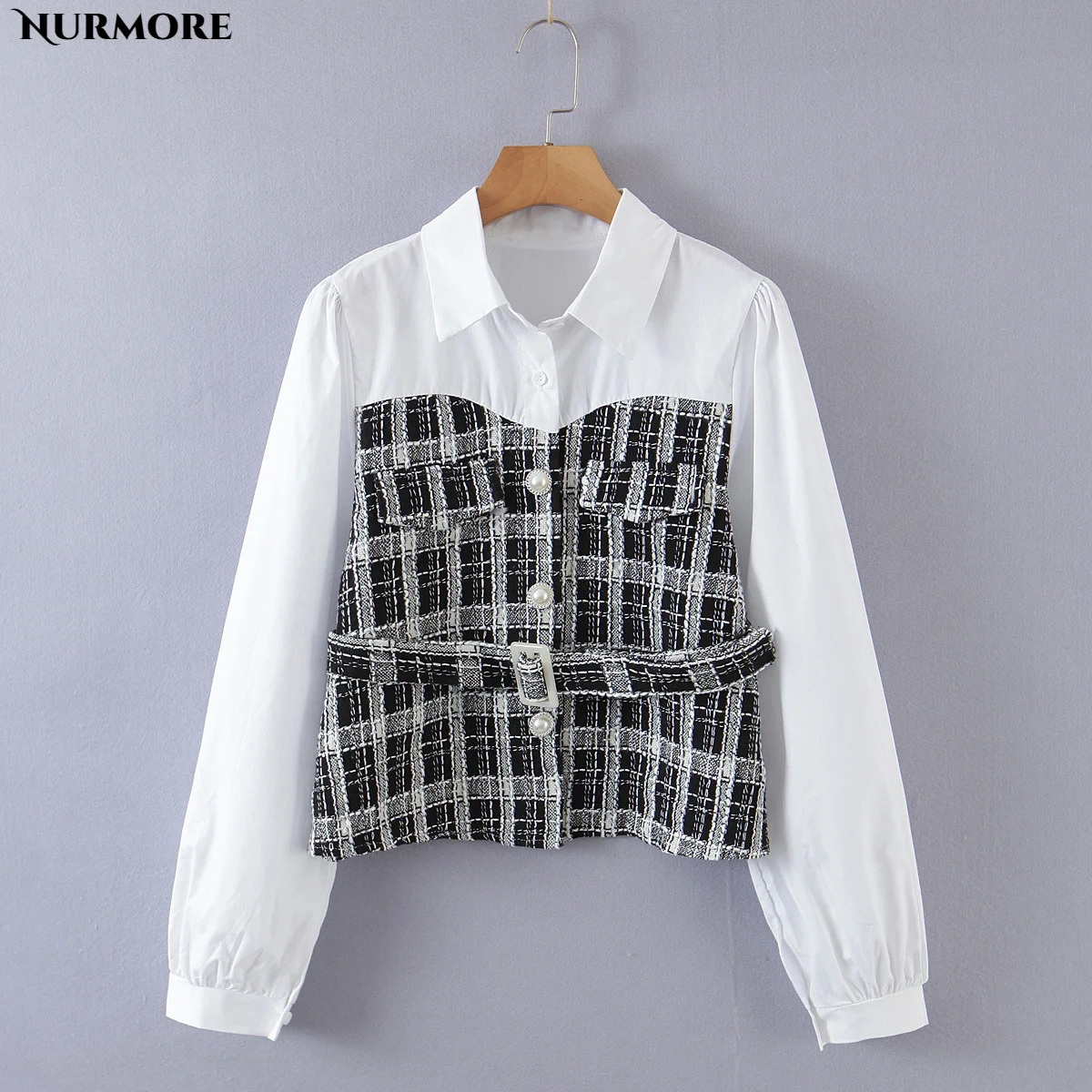 

Nurmore 2021 весенне-осенние Рубашки в стиле пэчворк винтажные рубашки с ремнем Famale повседневные свободные клетчатые рубашки с пуговицами-пакет...