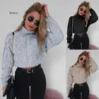 Твист свитера с высоким воротником для женщин модные тонкие укороченные вязаные Джемперы на осень, модный Одноцветный пуловер Базовая футболка