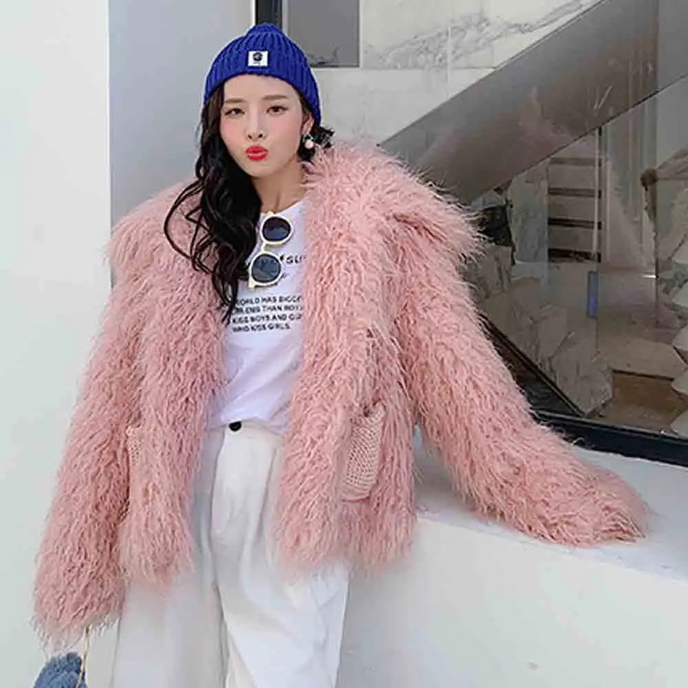 FIRSTTO Stylish Faux Mongolia Sheep Fur Long Hairy Shaggy Big Lapel Outwear Sleeve Knitted Pockets Jackets Coat Top 2 Color | Женская