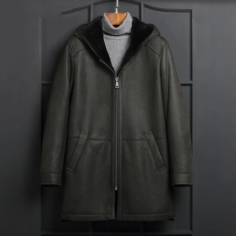 

men's Original ecological fur one jacket Hooded large size genuine leather coat Men Winter long slim sheepskin jackets