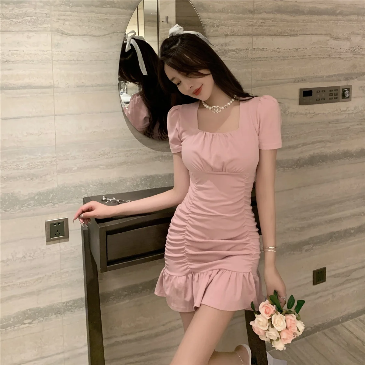 

COIGARSAM French Style Ruffles Women dress New Pleated Square Collar Dresses Black Pink 6211