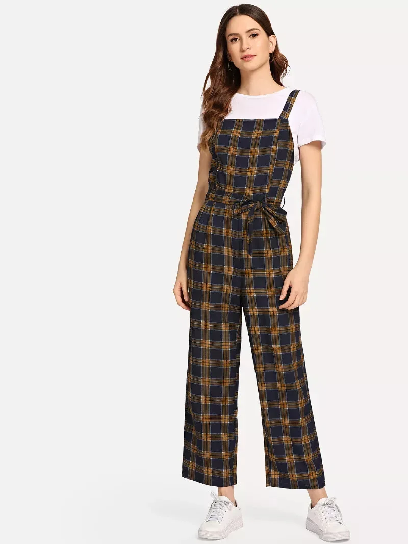 Женские винтажные комбинезоны в клетку свободные без рукавов с широкими