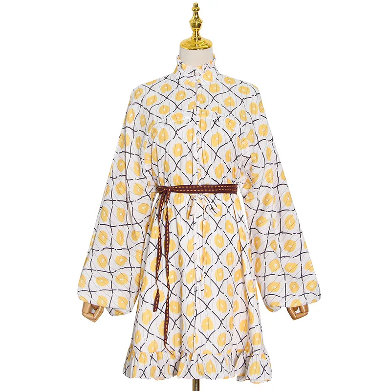 

New Fashion Spring 2021 Stand Collar Lantern Sleeve Plaid Printed Single Breasted Lace Up Dress Women High Waist Dresses SU2R