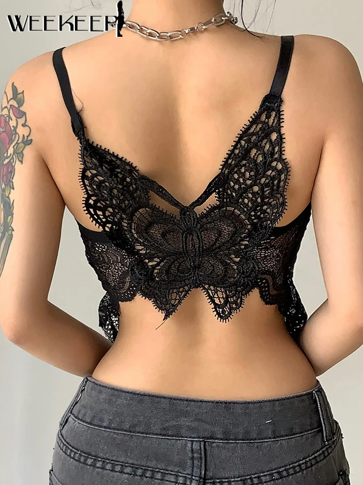 

Weekeep Women Chest Pad Corset Top Back Butterfly Shape Sexy Lace See Through Camis Sleeveless V Neck Patchwork Crop Summer Tee