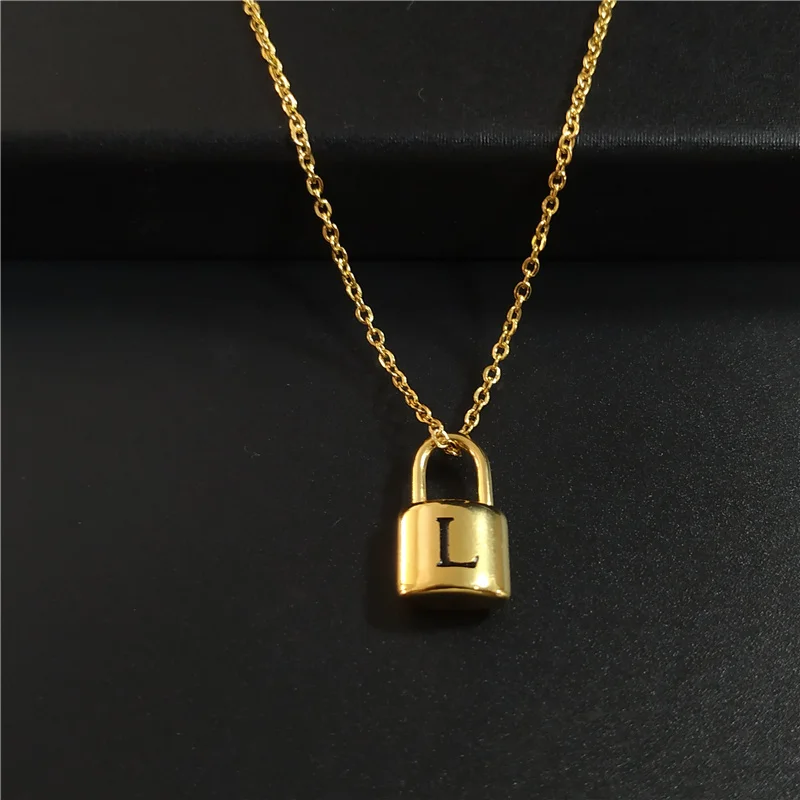 

Personalised Custom Padlock Necklace Engraved Letter Choker Pendanrt Stainless Steel 18K Gold Chain Jewerly For Women Man Gift