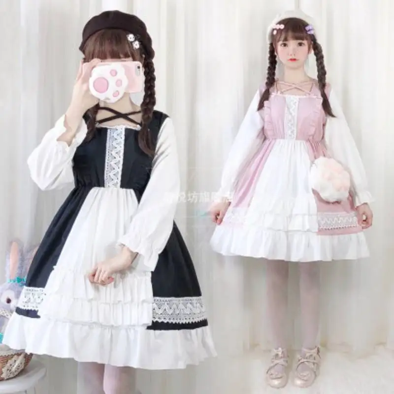 

Japanese Women Pink Lolita Dress Full Sleeve Loli Dressing Kawaii Sweet Girl Cosplay Students Dressing Little Height Girl Dress