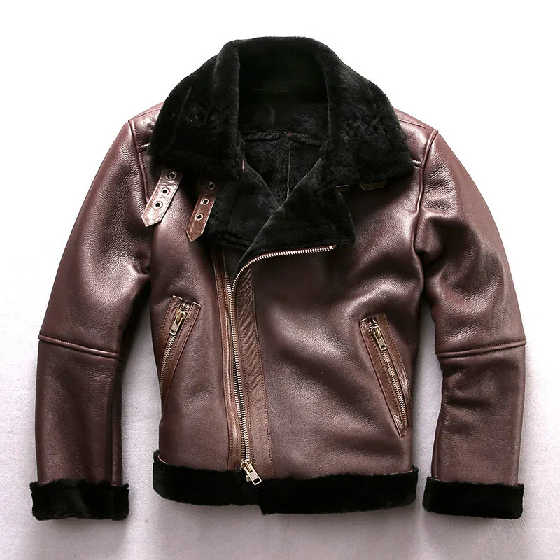 Dark Brown Новинка, Мужская Меховая куртка пилота B3, летные куртки для холодной зимы, овечья шерсть, подкладка, овчина, куртка-бомбер, зимние куртки для России - Цвет: Dark Brown