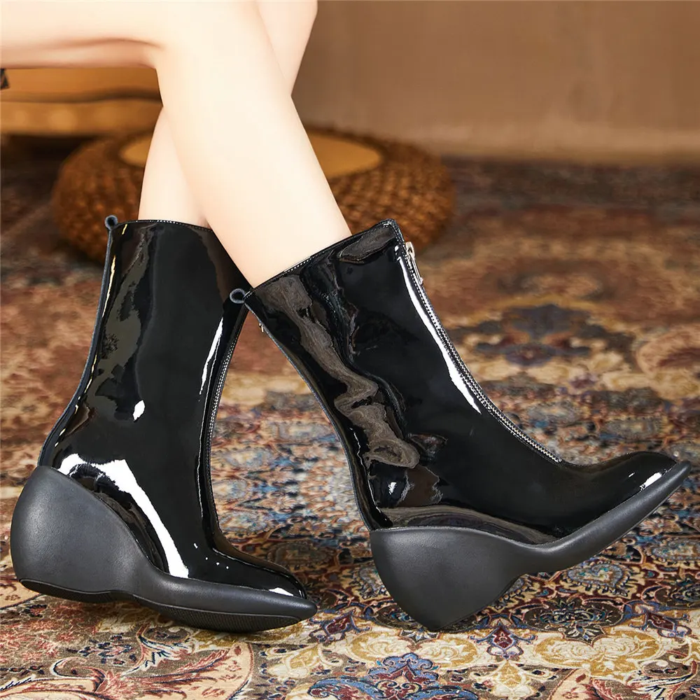 Casual Shoes Women Genuine Leather Chunky High Heels Motorcycle Boots Female Winter Pointed Toe Platform Pumps Shoes Chic Shoes
