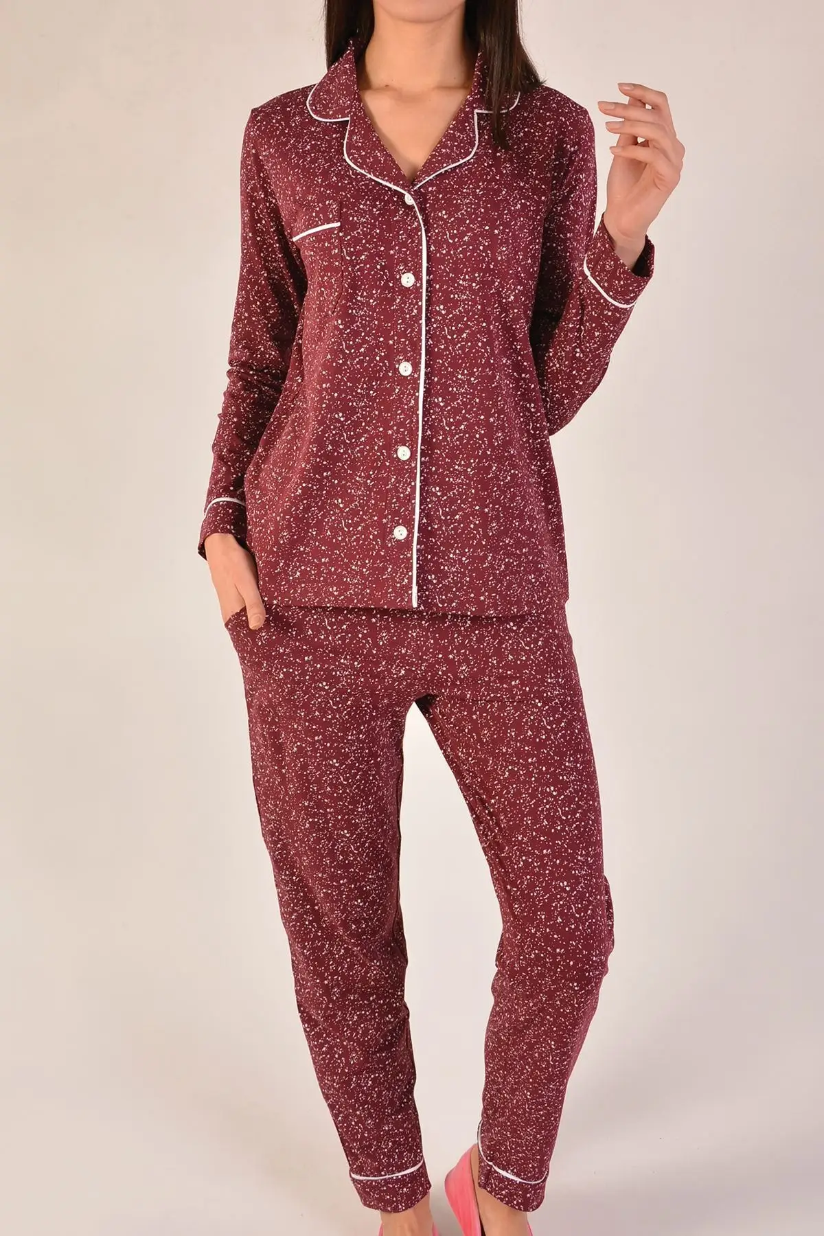 Women Burgundy Pajamas set Long Sleeve Buttoned Pockets 95 COTTON 5 of LYCRA Stylish Design Pleasant View Quality Trend 2021 style New Fashion