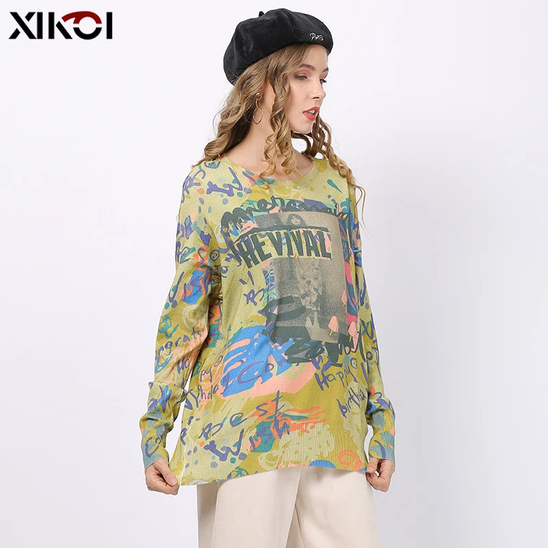 Осенне-зимний свободный свитер XIKOI с принтом Женский пуловер теплые свитера