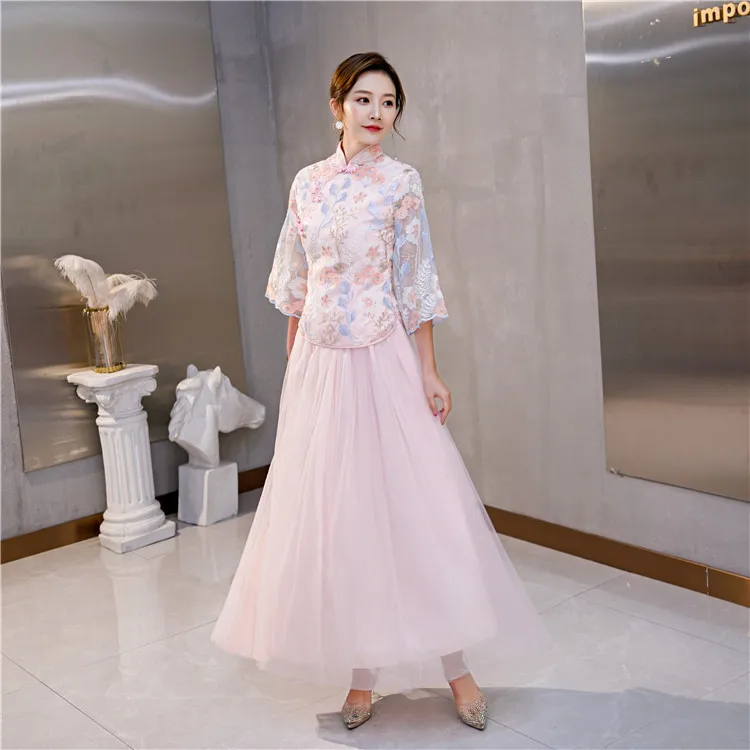 

Розовые женские невесты Cheoongsam Юбка элегантная Цветочная вышивка с сеткой платья в винтажном стиле с воротником «Мандарин», Свадебная вечер...