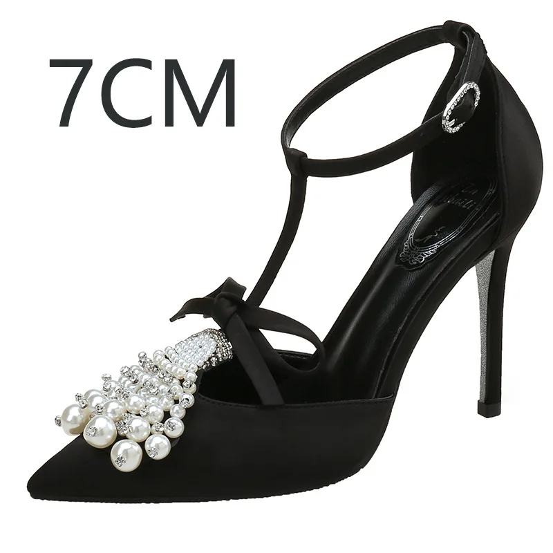 

Summer new pointed bow high heeled shoes versatile thin heel Baotou sandals with satin pearl button women's shoes