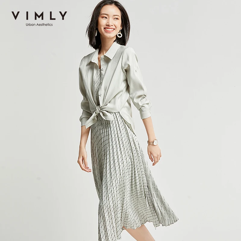 Осенняя одежда Vimly для женщин Элегантная блузка с отложным воротником и юбка
