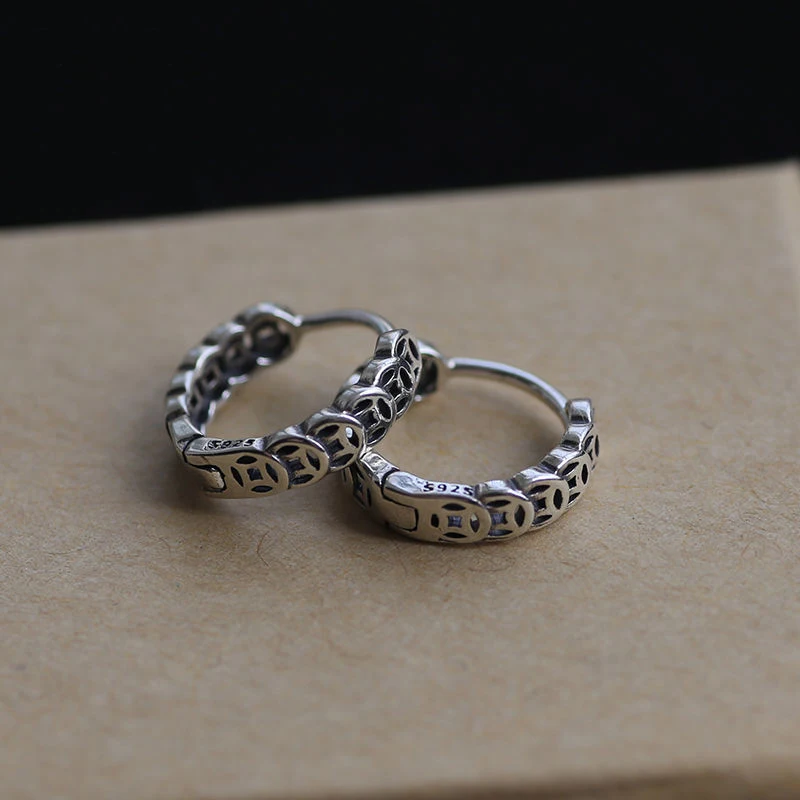 

New Retro 925 Sterling White Fungus Buckle Copper Coin Hollow Lucky Round Earrings Chinese Style Wild Creative Jewelry
