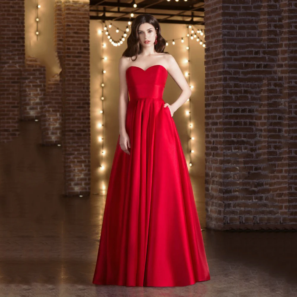 

Dark Red Satin Strapless Prom Dress Sweetheart Long Evening Gowns With Pockets Party Dress Vestido De Noche