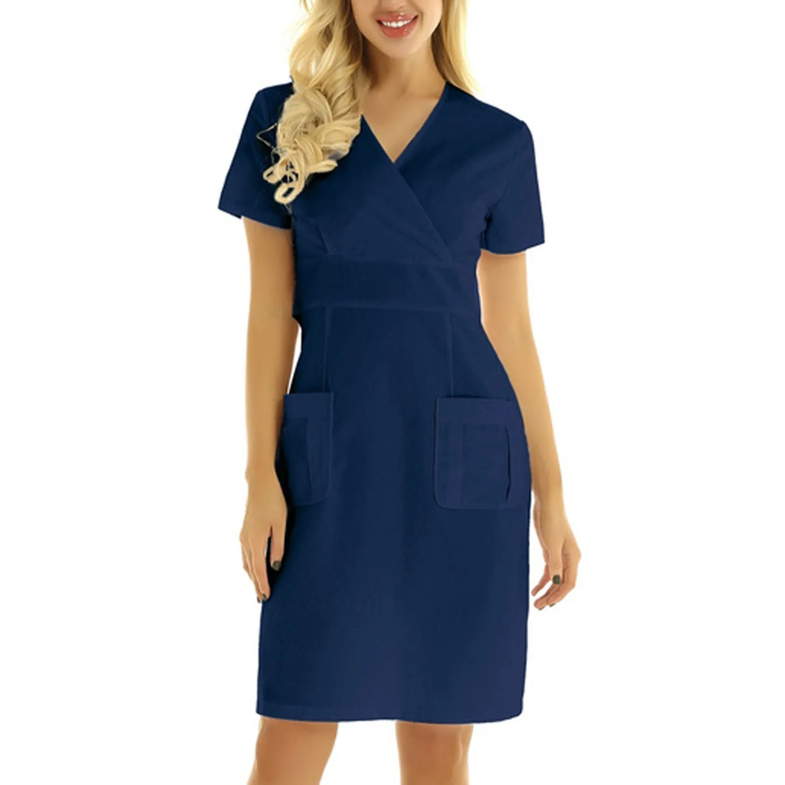 

Women Shirt Dress Nurse Uniform Casual Short Sleeve V-neck Solid Working Uniform Pocket Overalls Uniforme 2021 Female Clothes