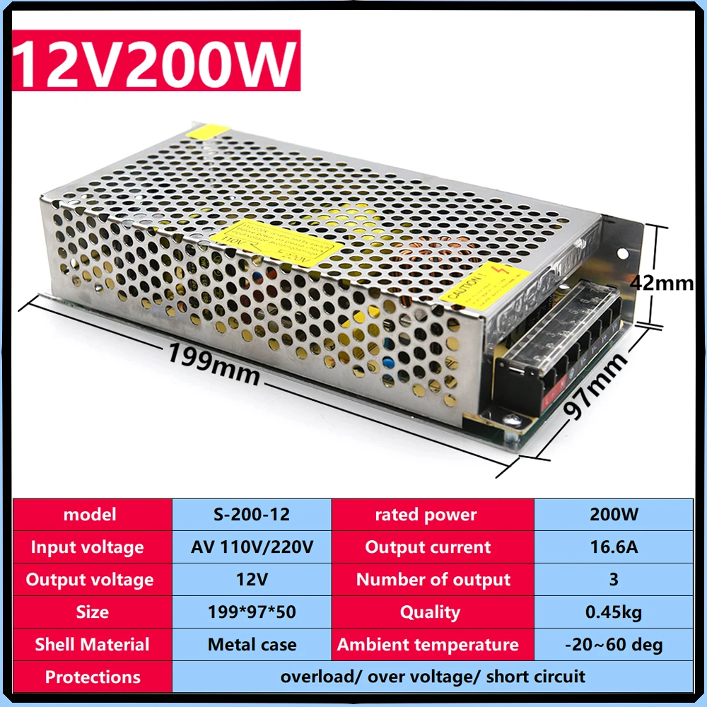 

Lighting Transformer Power Supply Adapter AC 110V 220V To DC 12V 16.6A 200W Source Adapter Strip Switch For CCTV LED Strip