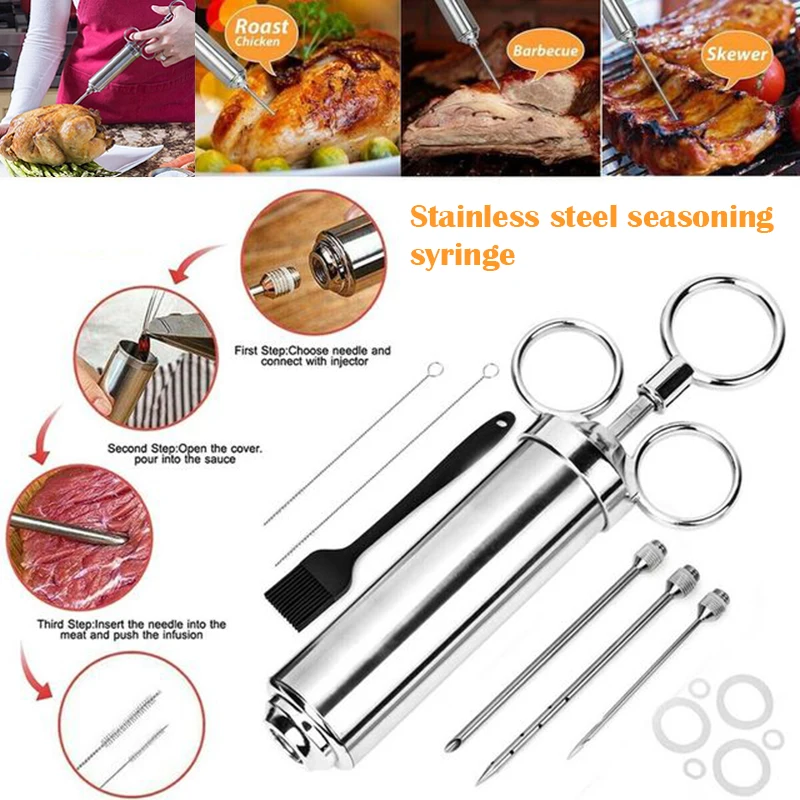 

1 Set Turkey Meat Syringe Needle Stainless Steel Meat Syringe Seasoning Marinade Barbecue Cooking Kit To Season The Turkey Steak