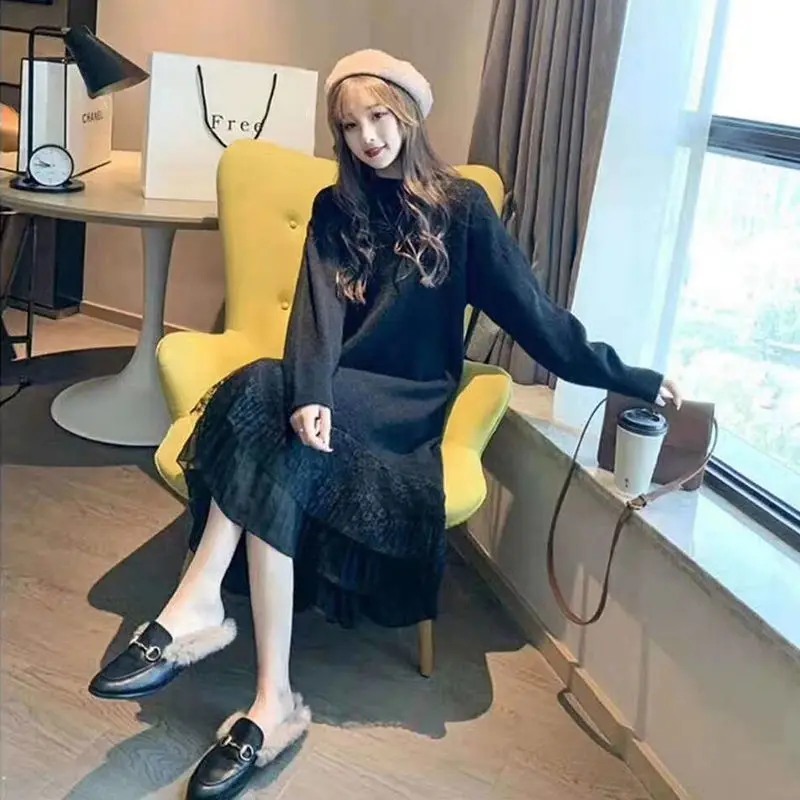 

Woolen Skirt Women's Lace Stitching Autumn Winter Pullover Long Dress Woman Dresses Vestido De Mujer Femme Robe