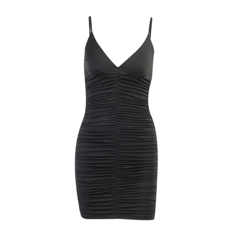 

InstaHot Women Fashion Casual Cami Dress 2021 Summer Spaghetti Strap Sexy Bodycon Ruched Vintage Lady Mini Dress Solid Black