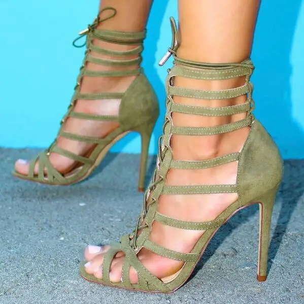 Beli Multi Tali Dikurung Pergelangan Kaki Sepatu Hak Tinggi Wanita Sandal Peep Toe Cut-Out Lace-Up Gladiator Sandal Sepatu Sepatu Wanita Sepatu Hak Tinggi