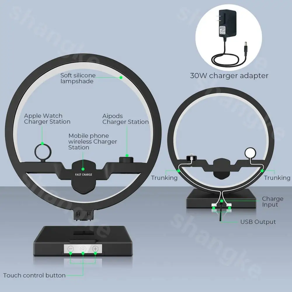 4 в 1 Беспроводное зарядное устройство прикроватная лампа 30 Вт адаптер подставка