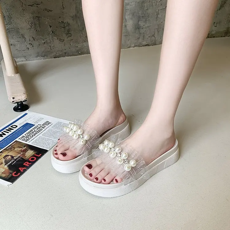 

2021 New Pearl Sandals Women's Muffin Bottom Mid Heel Slippers