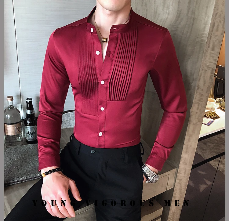 

Men Tuxedo Shirts Front Pleated Small Stand Collar Solid Long Sleeve Blouse Male Gentleman Party Wedding Dress Slim Fit