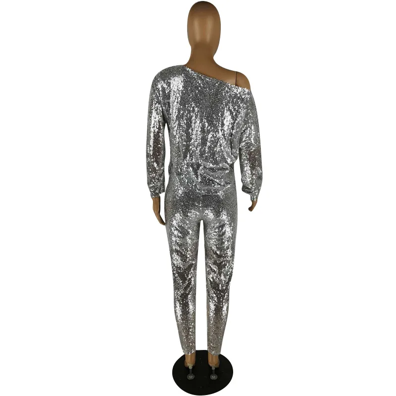 

Hot style sequined off-the-shoulder long sleeve fashion suit silver shiny comfortable women's wear