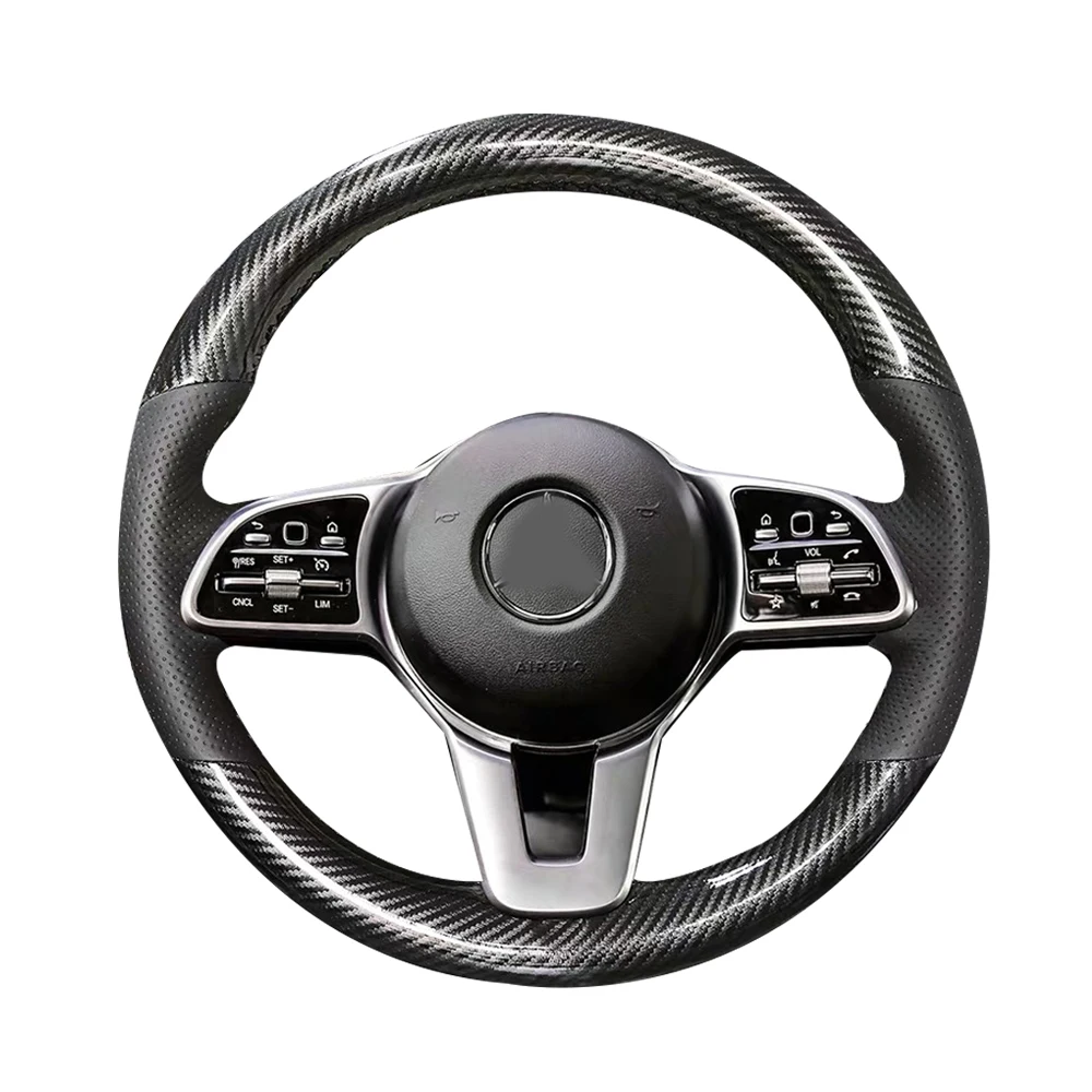 

5D Carbon Fiber&Hole Leather Steering Wheel Hand Sewing Wrap Cover Fit For Mercedes Benz A-Class W177 2018-2019 / C-Class W205