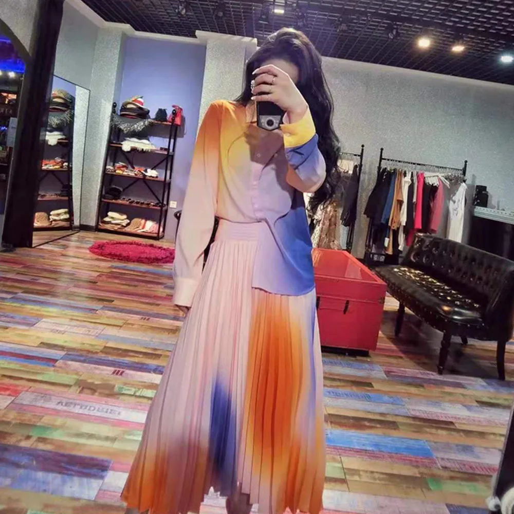 

Women Fashion New Tie dye Print Top Shirt Loose Pleated Elastic Waist Loose Skirt 2021 Spring Autumn Two Piece Set New