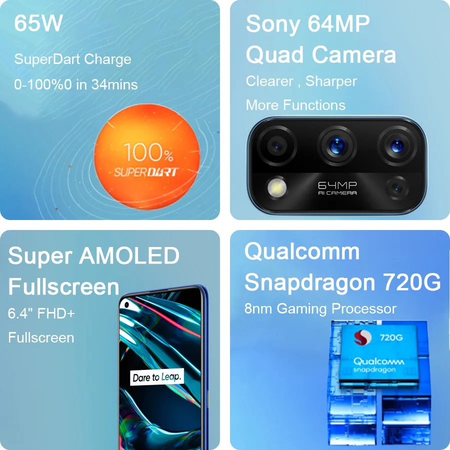 Смартфон realme 7 Pro RMX2170 экран 6 4 дюйма FHD + 8 Гб 128 ГБ 65 Вт Поддержка NFC 10 в/6 5 А 64 мп