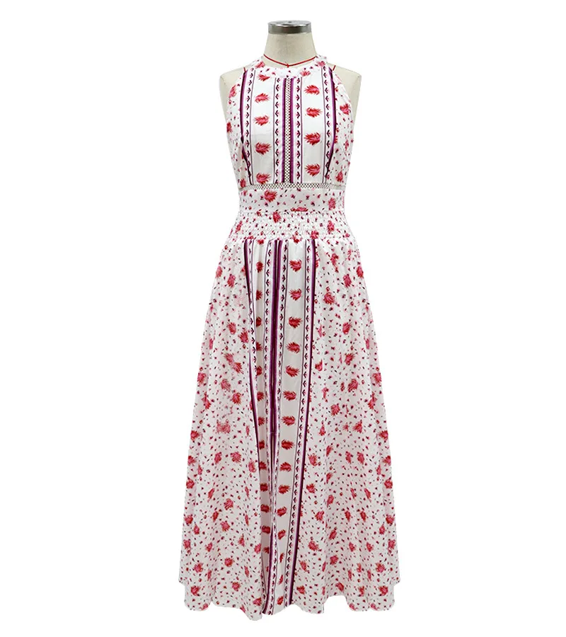 

2021 summer fashion casual women's hanging neck, printed thin waist tie, holiday beach wind dress female