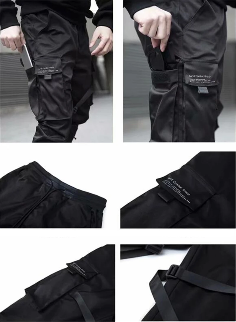 

Hip Hop Boy Pockets Elastic Waist Harem Pant Men Streetwear Punk Casual Ribbons Design Trousers Jogger Male Dancing Black Pant