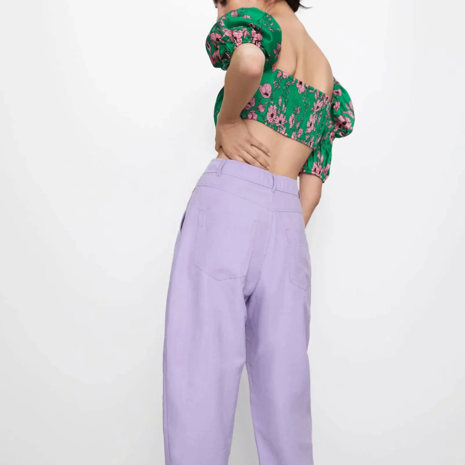 ZA Женская весенне летняя новая зеленая футболка с цветочным принтом короткий топ