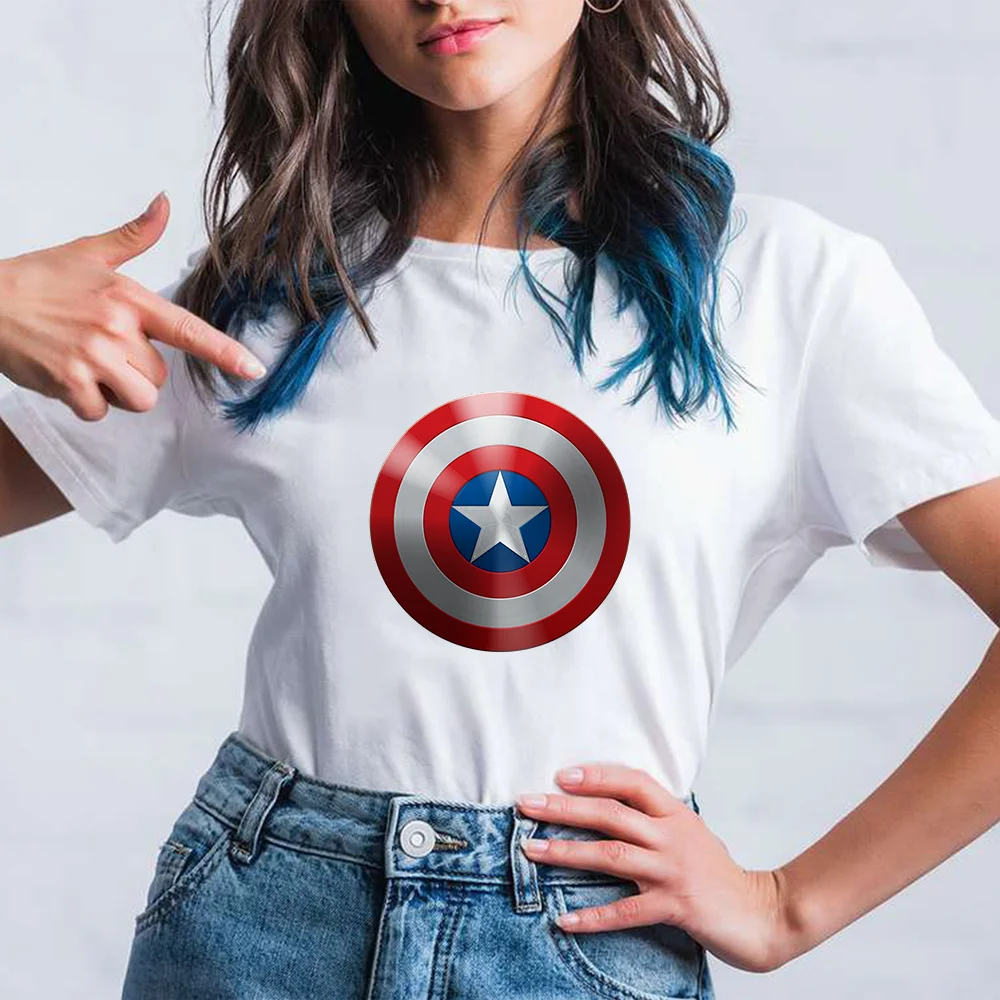 

New Marvel Fashion Captain America Print Tee Shirt Women 2022 Summer Anime Tops Woman Clothes White O-Neck Short Sleeve T-shirts