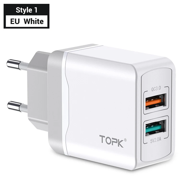 TOPK B254Q Быстрая зарядка 3,0 адаптер зарядного устройства с двойным USB ЕС Путешествия стены QC3.0 быстрое зарядное устройство для телефона для iPhone samsung Xiaomi - Тип штекера: EU White for Style 1