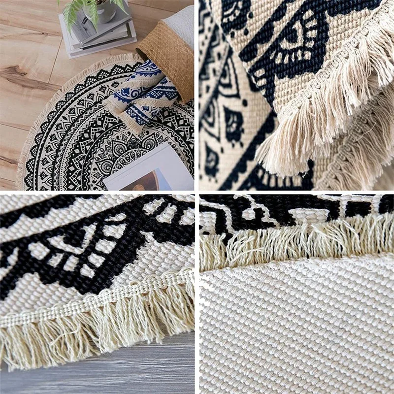 

Bedroom Bohemian Round Area Rug Cotton Woven Room Carpets Children Play Mat 3 Feet for Home Living Room Circular Rugs