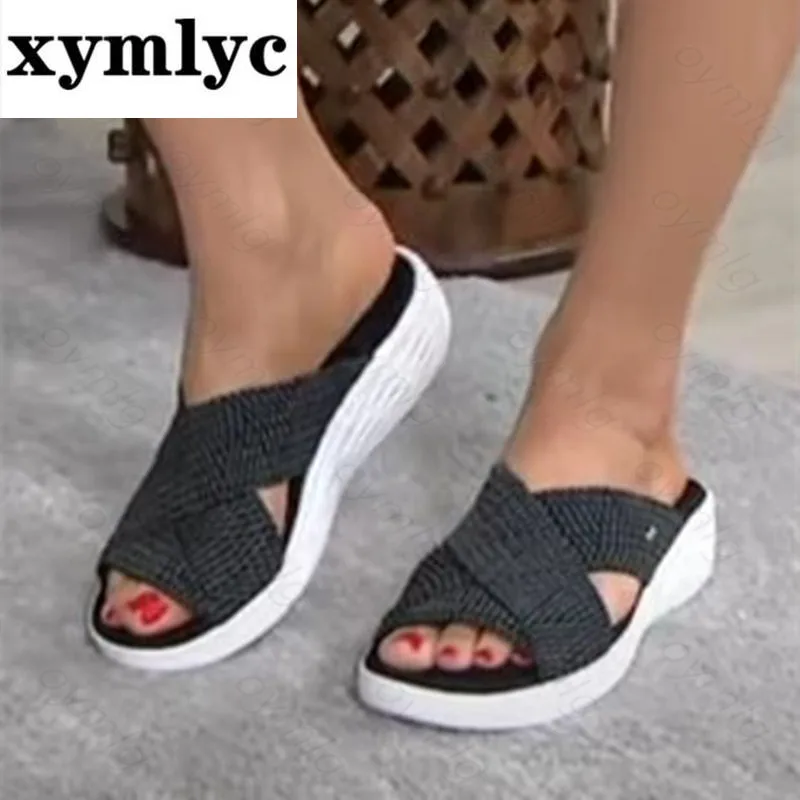

Outdoor Beach Slippers Women Sandals Stretch Cross Slide Ladies Sandals Casual Flat Shoes Sandals Women Shoes Plus Size Summer