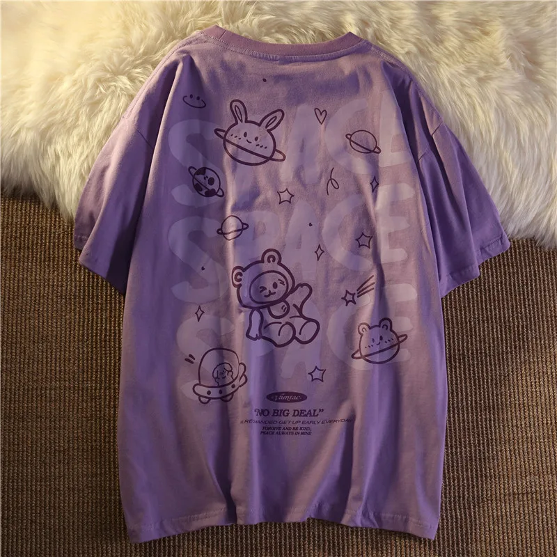 Cotton Bear Graffiti Short Sleeve Space Print T-shirt Loose 2021new Summer Trend Half Sleeved Retro Tshirt Oversize Streetwear