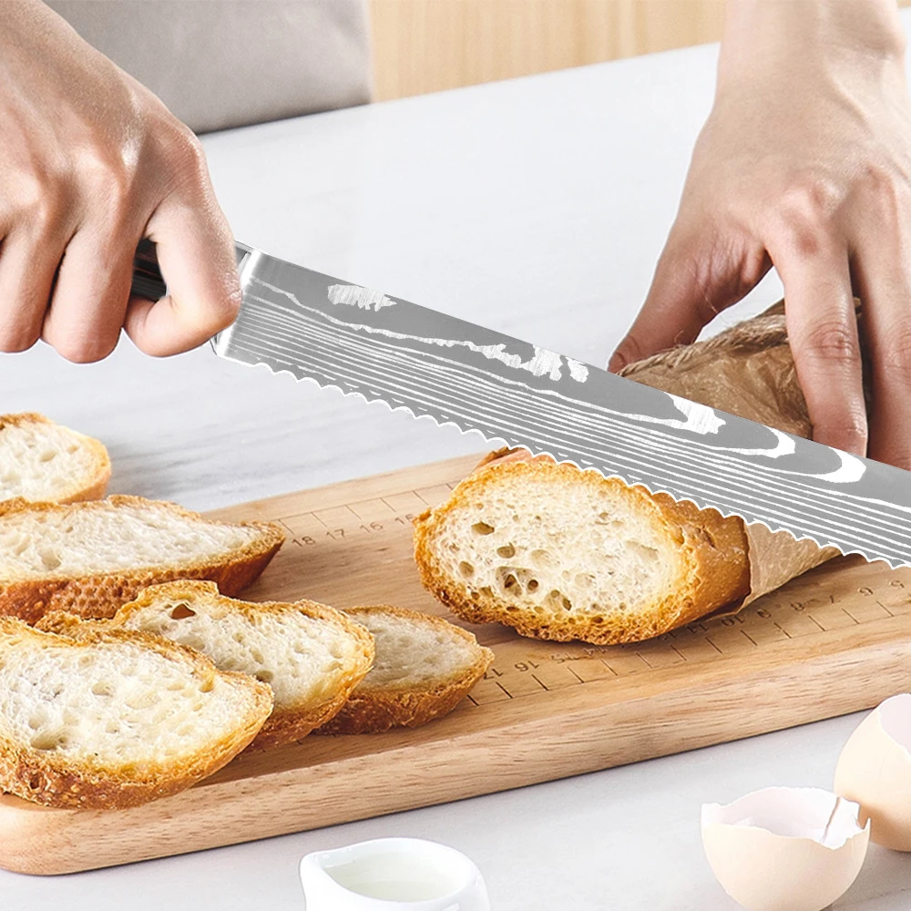 Кухонный хлебный нож с зубчатым дизайном лазерное лезвие из дамасской