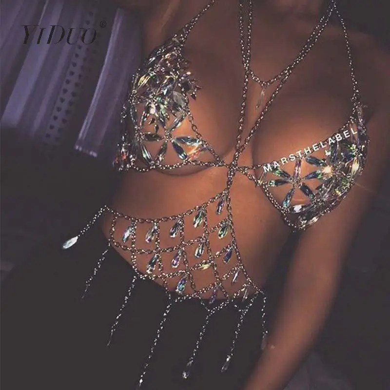 

YiDuo Ladies Metal Chain Tassel Bling Crystal Beading Party Club Tops Hollow Out Women Halter Sexy Crop Top Camisole Beach Wear