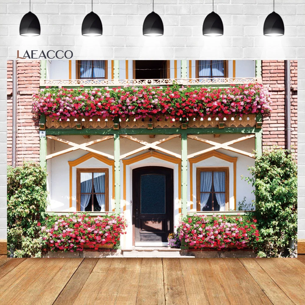 

Laeacco фон для фотосъемки с изображением цветов, покрытого фотографией, Старый красный кирпичный дом, весенний деревенский свадебный фон для ...