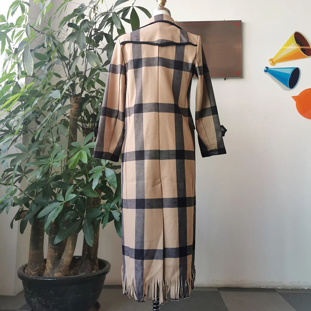 

Plus Size Women Trench Coat Fashion Plaid Double Breasted Fringe Long Overcoat 2021 Winter Cothes Elegant Ladies Outwear Coats