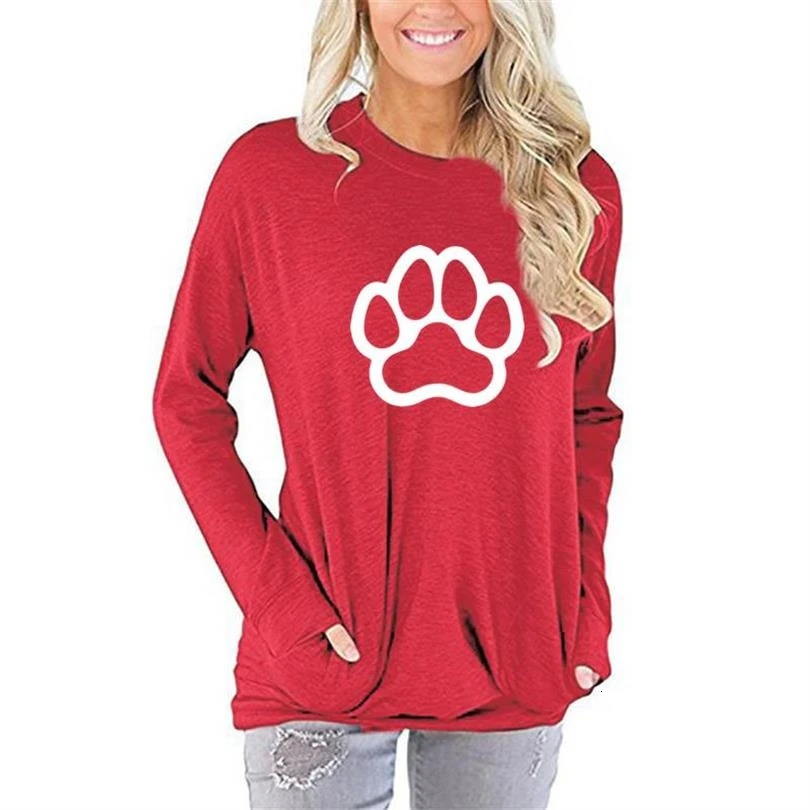 

For Women Long Sleeve Pocket Cat Paw Letters Print Sweatshirt Femmes Tops Kawaii Hoodies Women Cotton Pattern Thick