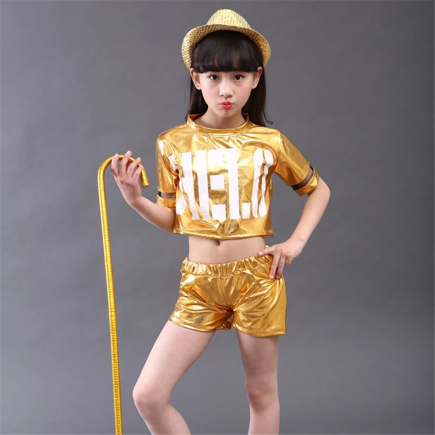 Детский костюм для джазовых танцев блестящий короткий топ и шорты девочек
