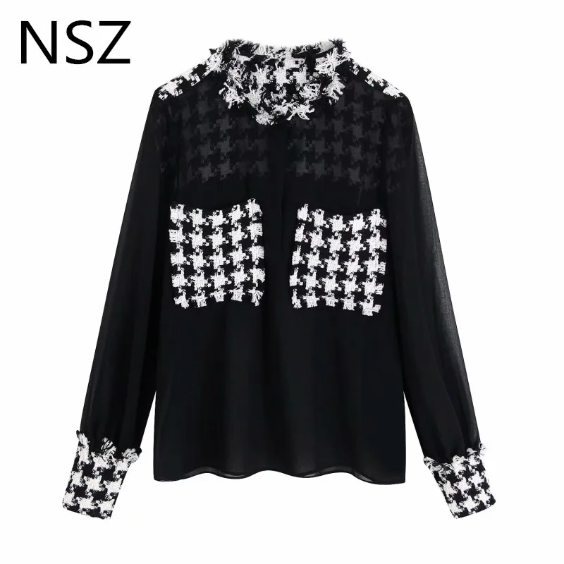 Женская твидовая рубашка NSZ черно белая прозрачная блузка с длинными рукавами